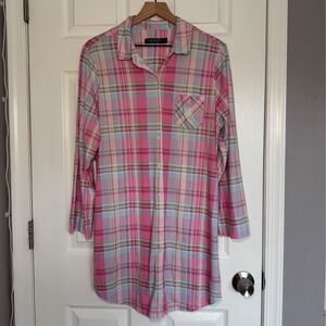 Lauren Ralph Lauren Pink Plaid Sleep Shirt Button Down Nightgown XL Cotton Rayon
